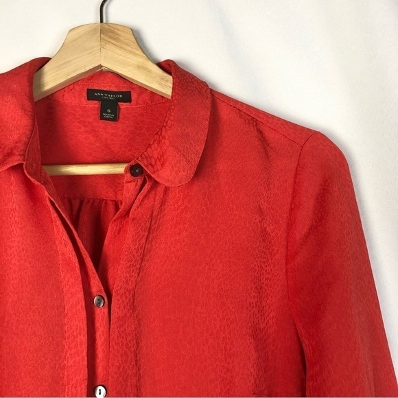 Ann Taylor Dark Orange Textured Jacquard Long Sleeve Button Down 6 - Picture 3 of 3